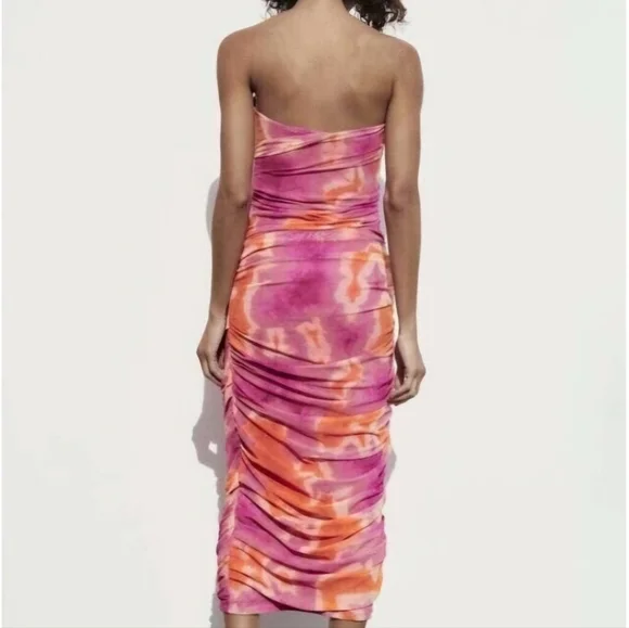 ZARA Tie Dye Strapless Midi Dress Womens Small Pink Orange Tulle - Picture 2 of 11